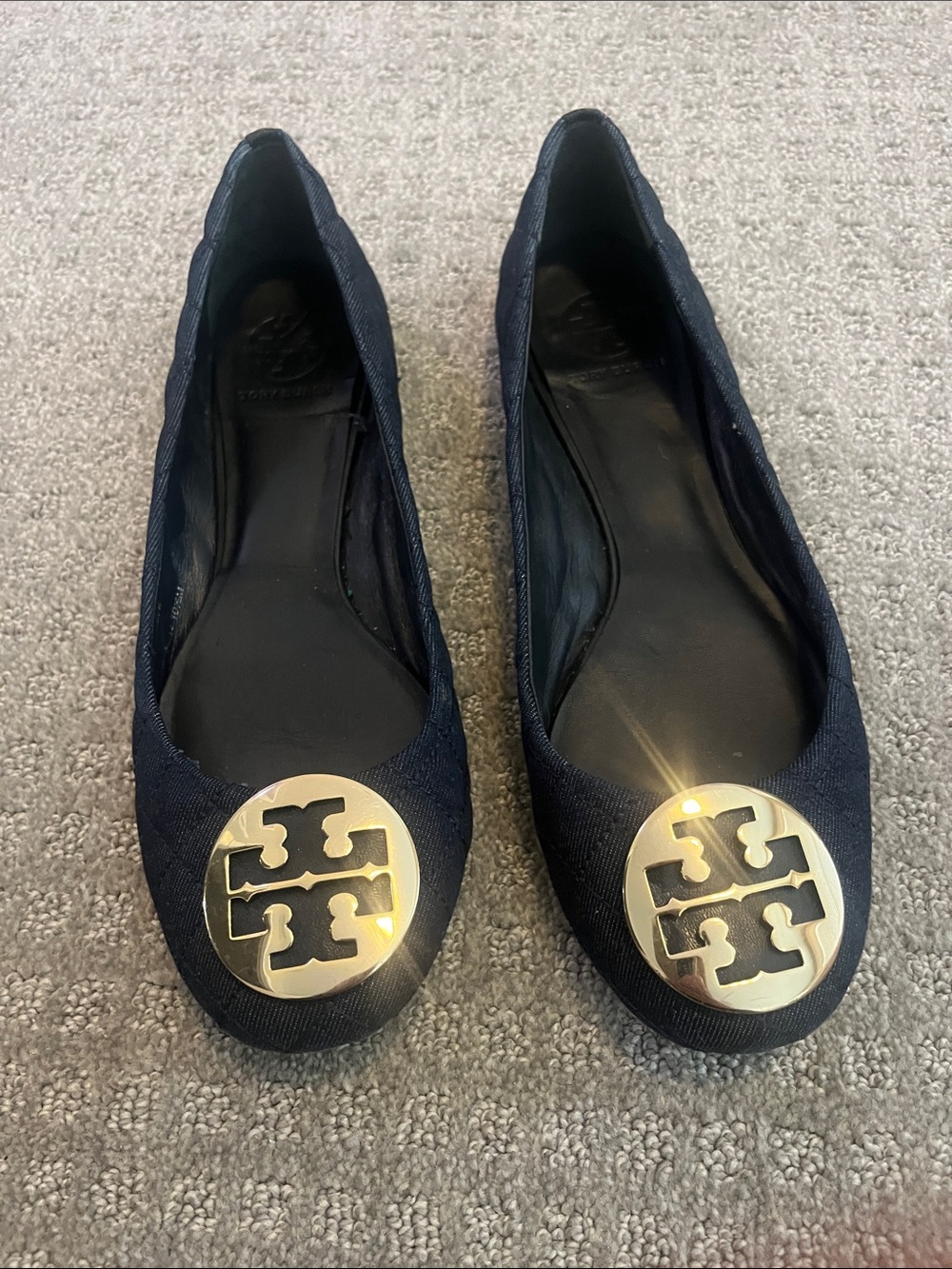 Tory Burch Navy Quilted Logo Flats with Gold Medallion